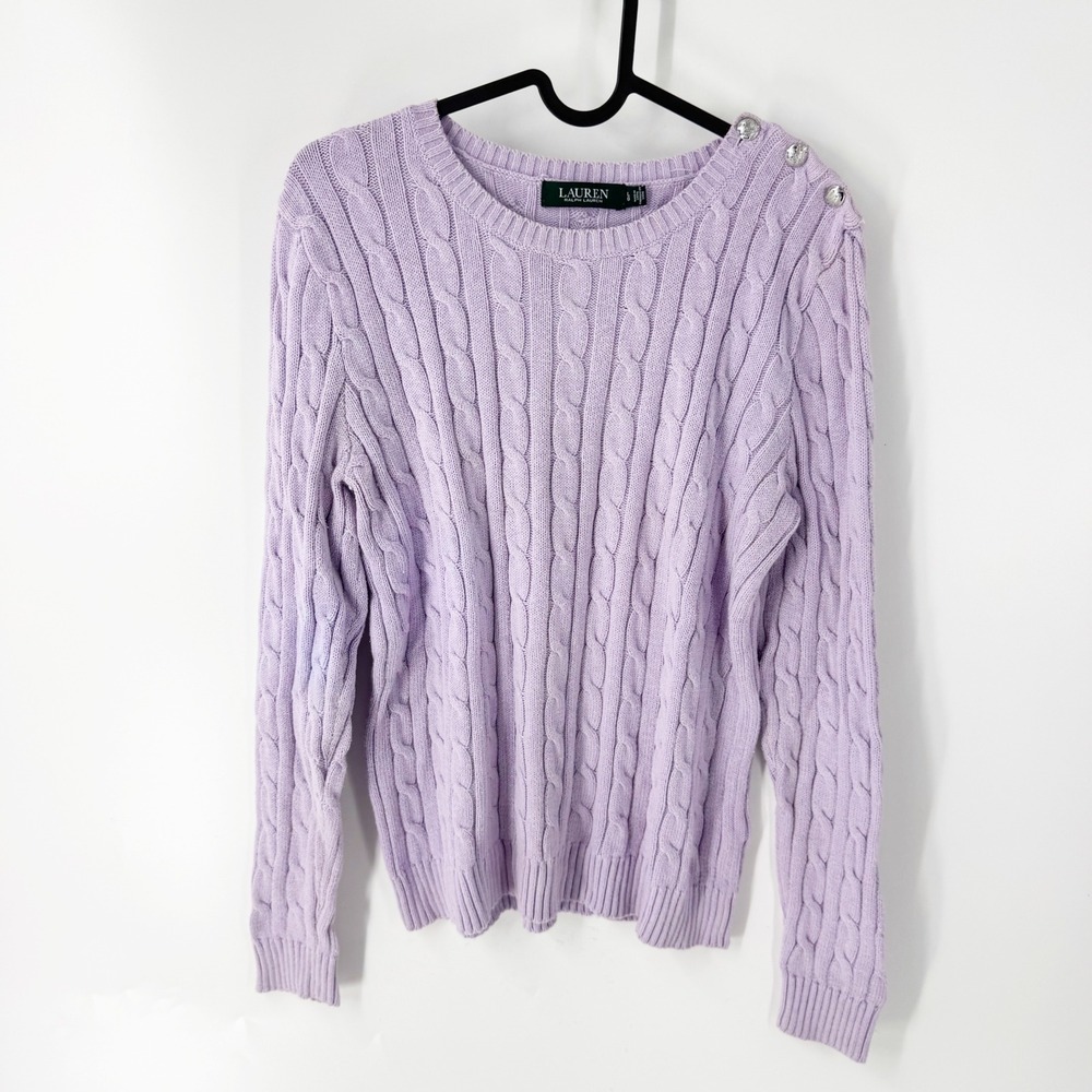 Lauren Ralph Lauren Lavender Purple Cotton Cable Knit Button Shoulder Sweater L
